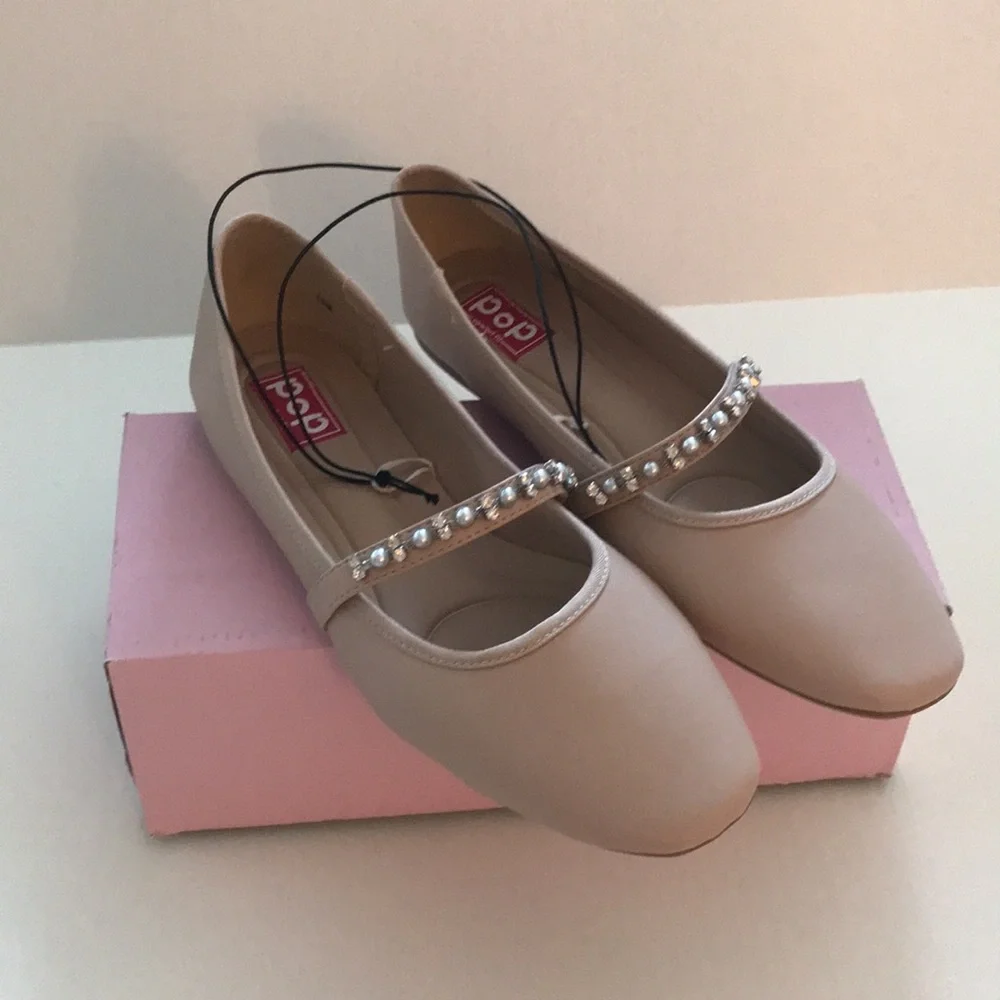 POP by EBL Women's 11 Mary Jane Flats Blush Pink Pearl Rhinestone Vitalize‎ NEW